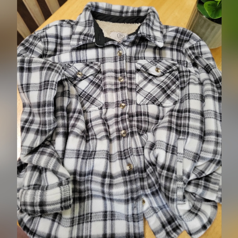 Womens Black and White Plaid Button-Up Sherpa